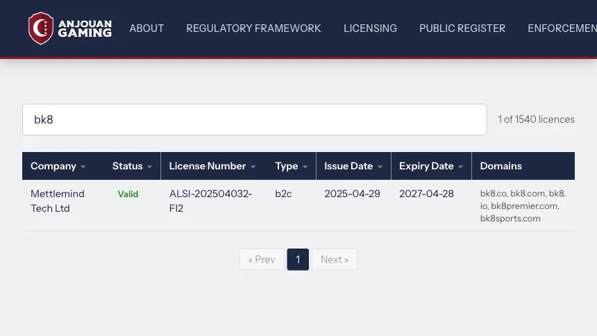 Screenshot of the Anjouan Gaming licence register searched for bk8, showing one result: Mettlemind Tech Ltd, status Valid, licence ALSI-202504032-FI2, with five listed domains
